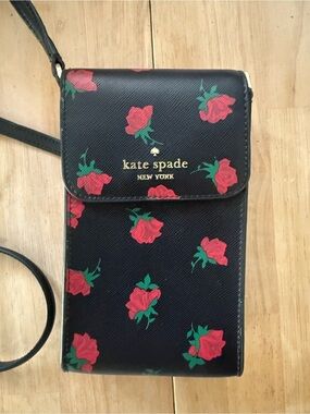 kate spade black crossbody with red rose print